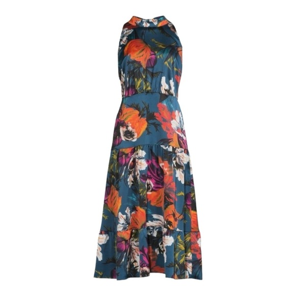 Sam Edelman Satin Midi Dress Elegant Floral Halter Neck Sleeveless Tiered Design - Picture 15 of 15